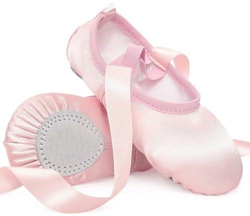 SYOSI Satin Ballet Shoes Dance Slippers, with Ribbon Flat Leather Split Sole Ballet Flats Ballet Slippers for Kids Toddler Women Adults 200mm
