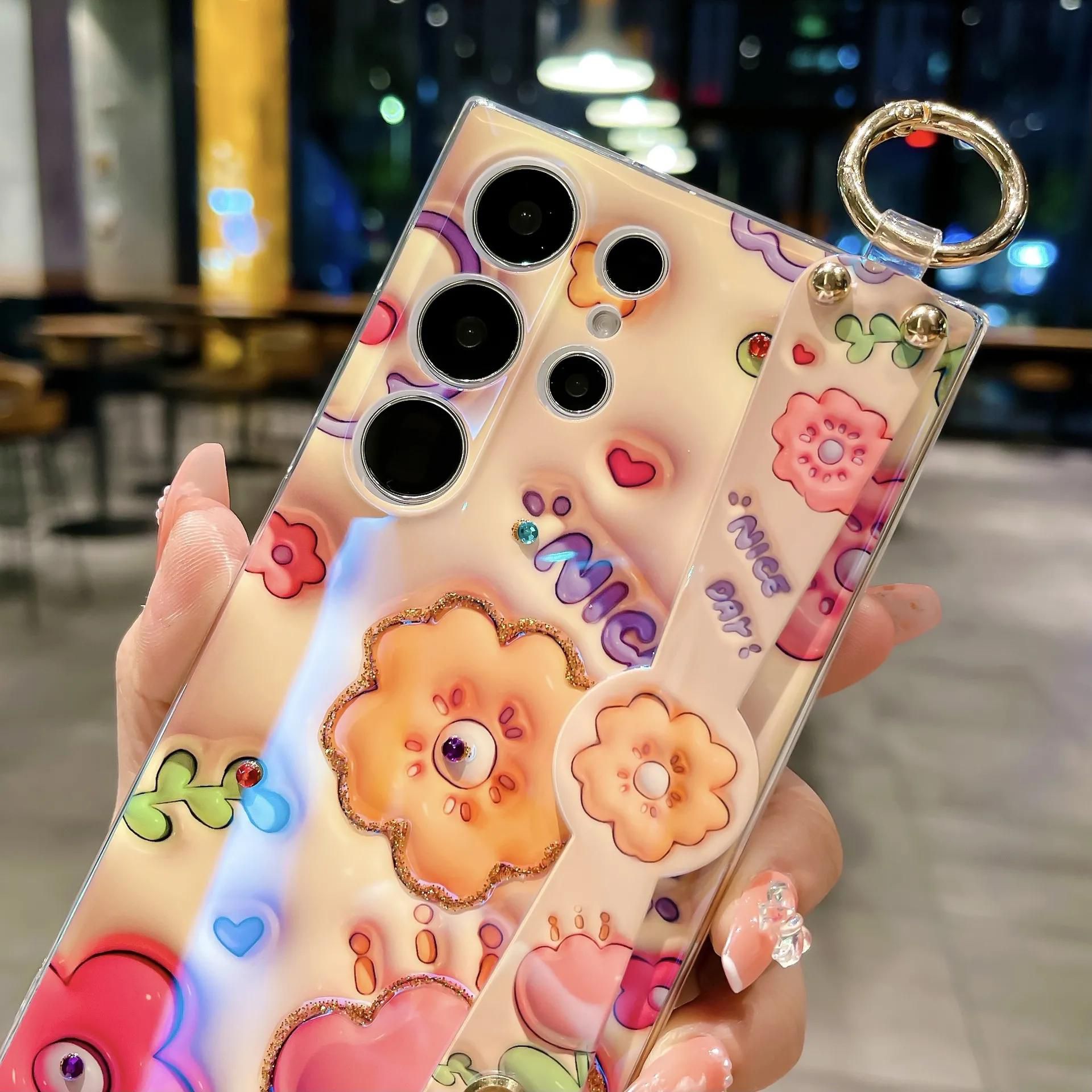 Phone Case for Samsung Galaxy S23 Ultra OPPO A17K Reno8 T 4G 5G Realme C55 iPhone 14 Plus 13 12 11 Pro Max Dot Drill Flower Soft Silicone with Wrist Strap Cover