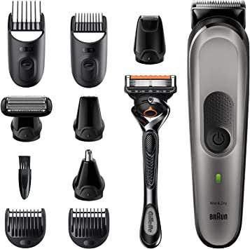 Get Braun MGK7320 All-in-one trimmer, 10-in-1 trimmer, 8 attachments, and Gillette ProGlide Razor - Silver Black with best offers | Raneen.com