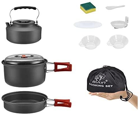 Bulin 20/13/9/7/3 PCS Camping Cookware Mess Kit, Nonstick Lightweight Backpacking Cooking Set, Outdoor Cook Gear for Family Hiking, Picnic(Kettle, Pot, Frying Pan, Bowls, Plates, Spoon)