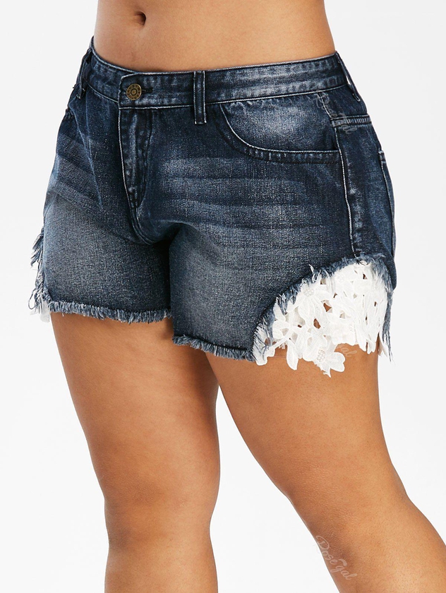 Plus Size Contrast Lace Frayed Denim Shorts - M | Us 10