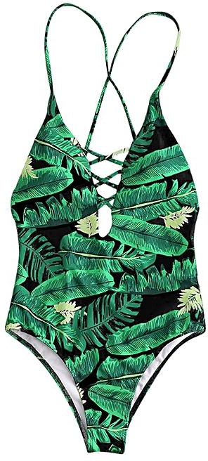 Fashion Palm Print Backless Plunge Padded One Piece Bathing Suit - Black