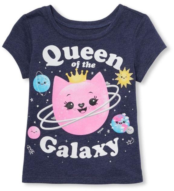 The Children's Place Girl Glitter 'Queen Of The Galaxy' Graphic Top- Eve Blue