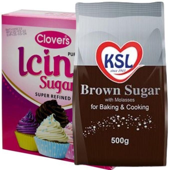 Clovers Pure white icing sugar 500g + Brown Sugar with molasses for Baking & Cooking 500g
