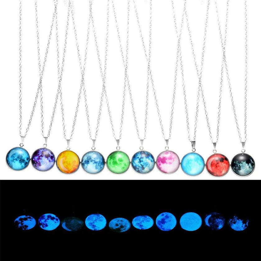 Noctilucence Glow Luminous Moon Stars Planet Glass Cabochon Pendant Jewelry Necklace