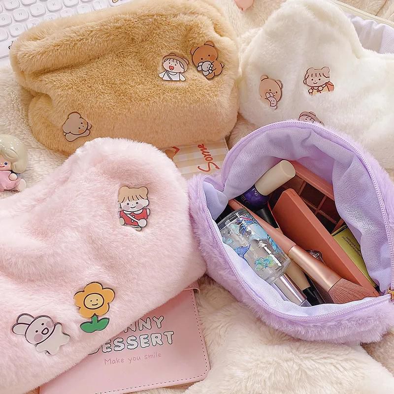 Women Soft Cosmetic Cases With 3 Badges Japanese Makeup Toiletries Storage Organizer Bag