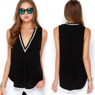 Summer Fashion Women Shirts Sleeveless V-neck Irregular Hem Chiffon Casual Beach Blouse Tank Top Black S