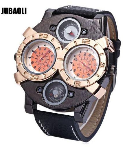 Fashion JUBAOLI Male Dual Movt Quartz Watch Decorative Compass Creative Double Dial Wristwatch