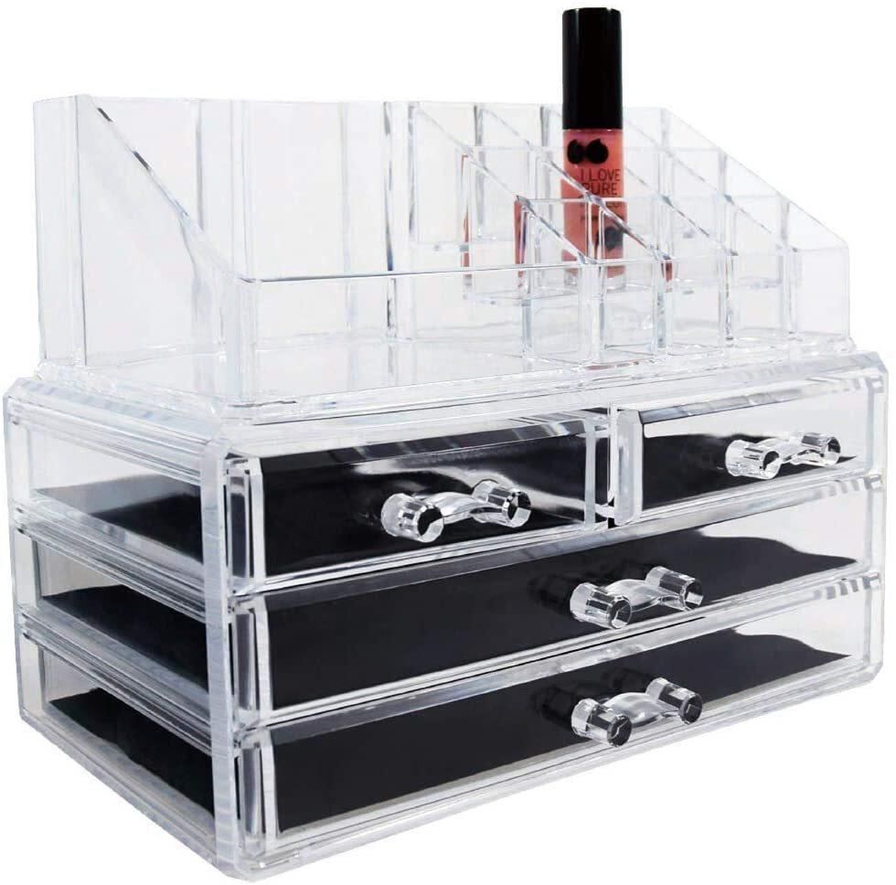 Uaejj Clear Acrylic Cosmetic Organizer Makeup Holder Display Jewelry Storage Case 4 Drawer For Lipstick Liner Brush Holder