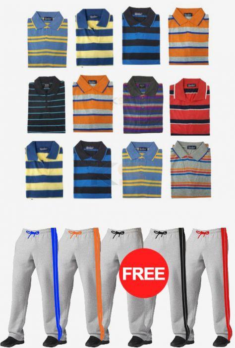 [Buy] 12in1 Striped Polo T-Shirts for Men [Get Free] Sports Track Pants for Men - Random Color & Size