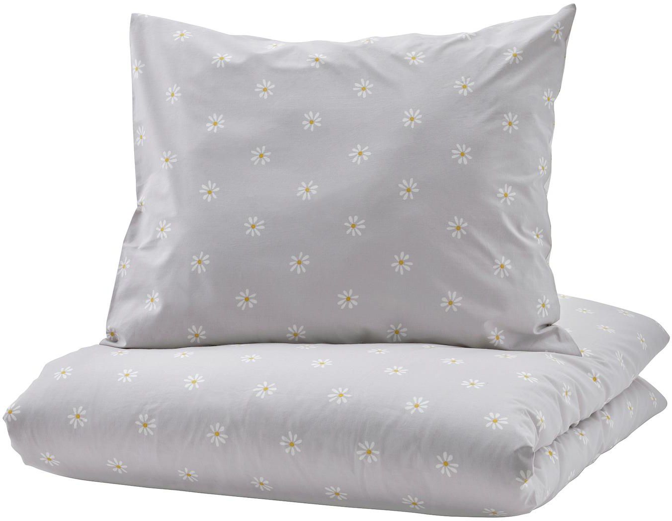 NATTSLÄNDA Duvet cover and pillowcase - floral pattern grey/white 150x200/50x80 cm