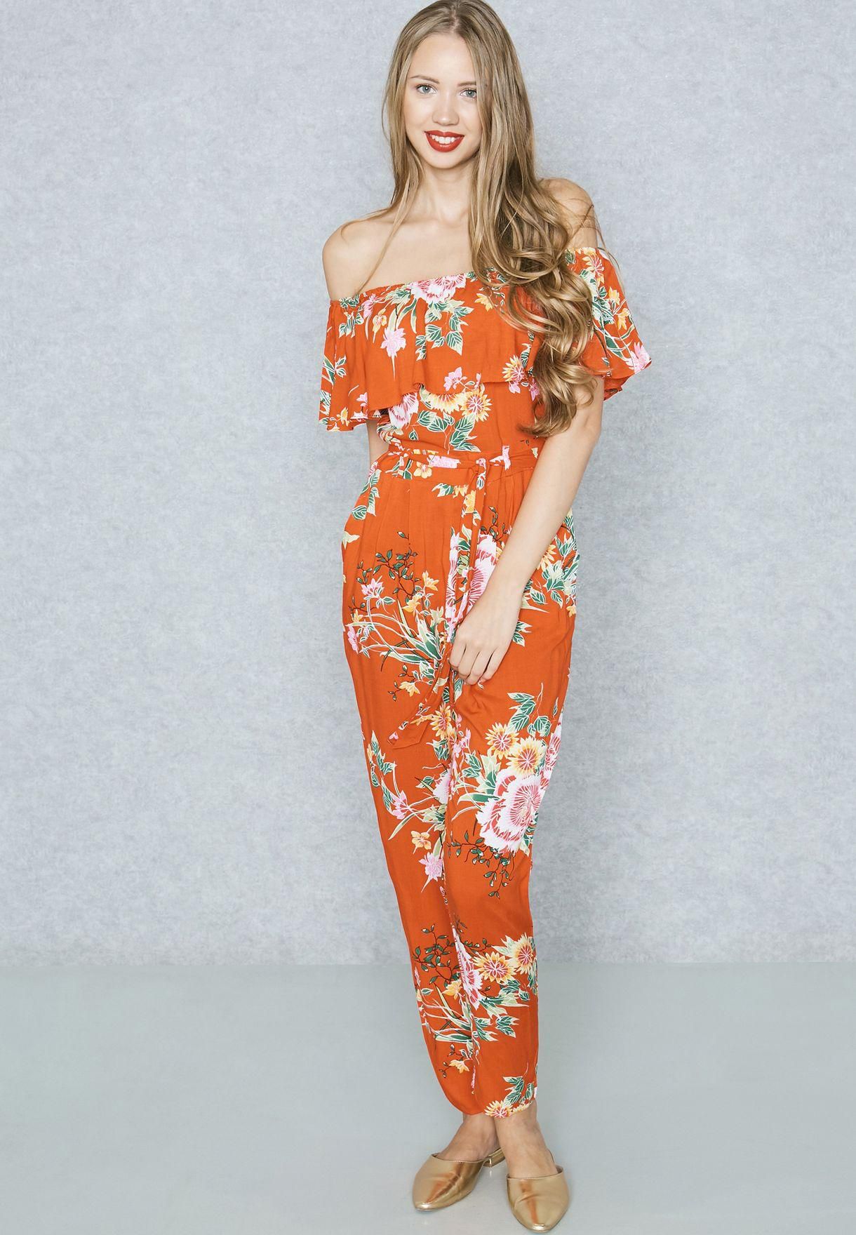 Floral Print Belted Bardot Jumpsuit