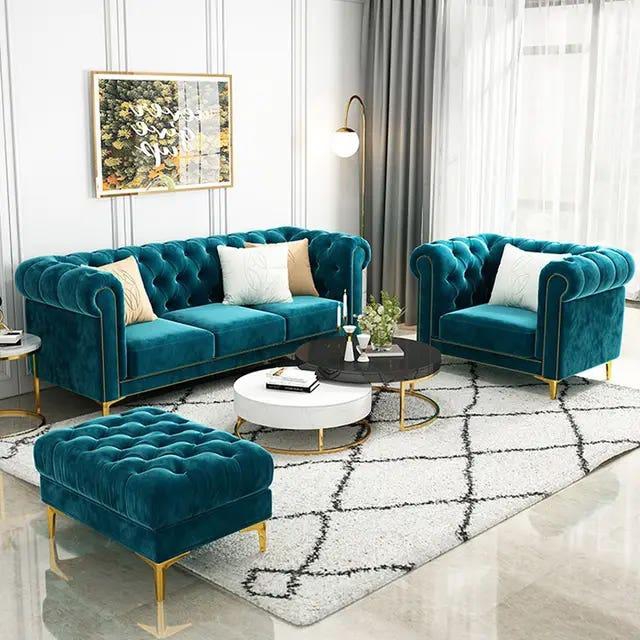 Get Beech Wood And Velvet Fabric Living Room Set Of 3 Pieces - Genzary with best offers | Raneen.com