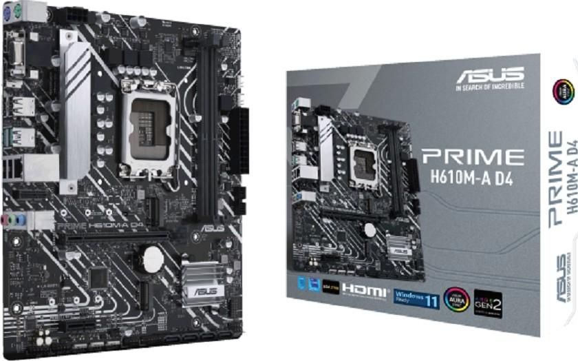 Asus Prime H610M-A D4 Mic-ATX Motherboard, 12th Gen LGA 1700 Socket, DDR4, PCIe 4.0, Dual M.2 Slots, Intel 1Gb Ethernet, DisplayPort, HDMI, USB 3.2, SATA 6 Gbps, Aura Sync | 90MB19P0-M0EAY0