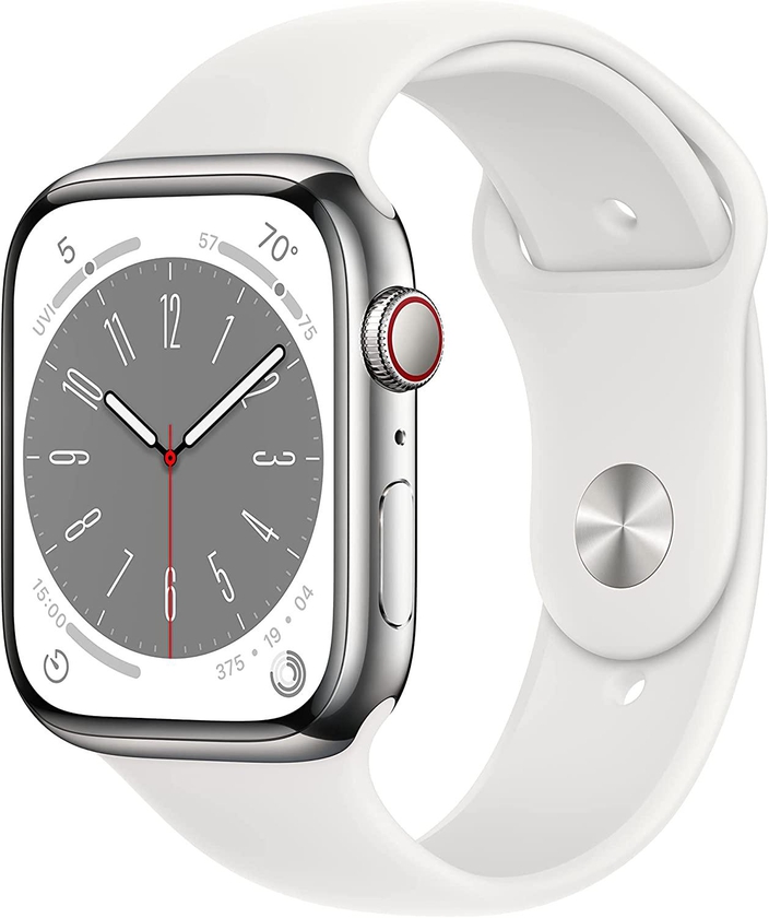 New Apple Watch Series 8 GPS + Cellular 45mm Silver Stainless Steel Case with White Sport Band – Regular
