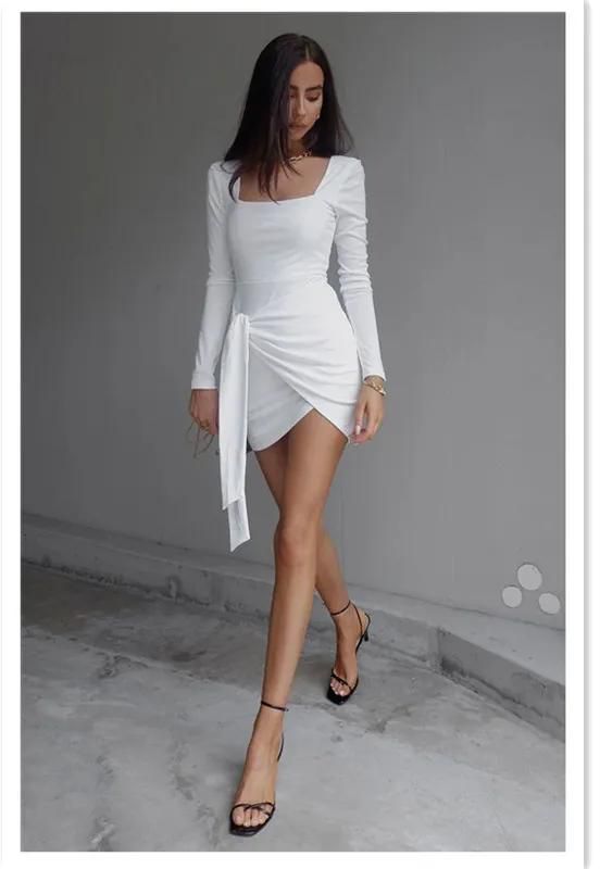 2021 European and African Hot Sale Office Lady Casual Shopping Dress Long Sleeve U-neck Irregular Lace Up Slim Fit Solid Color Medium and Short Girls Women Skirt