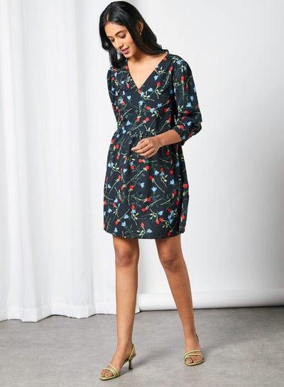 Floral Puff Sleeve Dress Navy