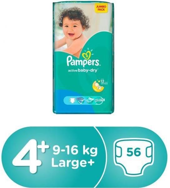 Pamper's Active Baby Dry Diapers Large Size 4+ ( 9 - 16 kg ) - 56's