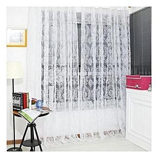 Magideal Retro Flocked Floral Voile Door Window Curtain Panel Sheer Tulle Drape White