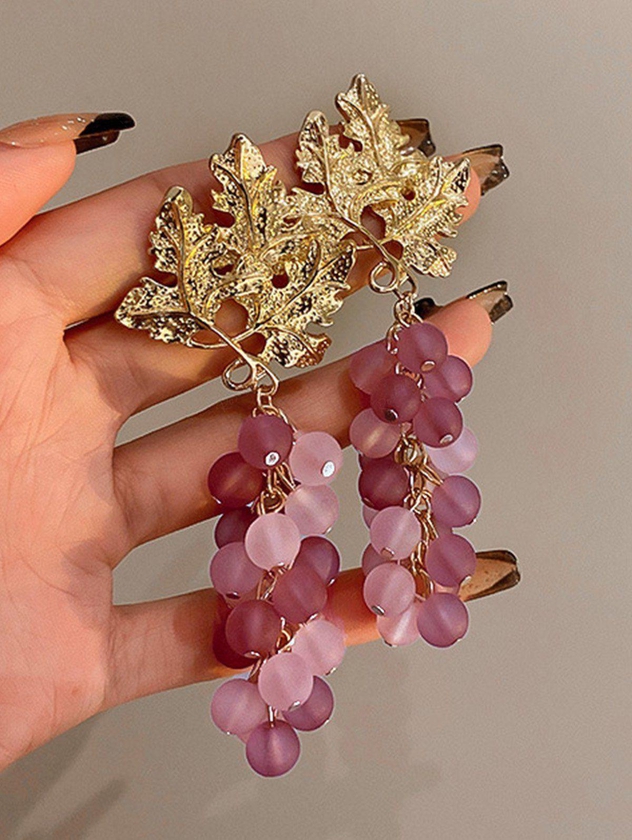 Grape Leaf Shaped Faux Crystal Drop Earrings