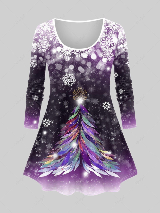 Plus Size Christmas Tree Snowflake Print Long Sleeve T-shirt - 5x | Us 30-32
