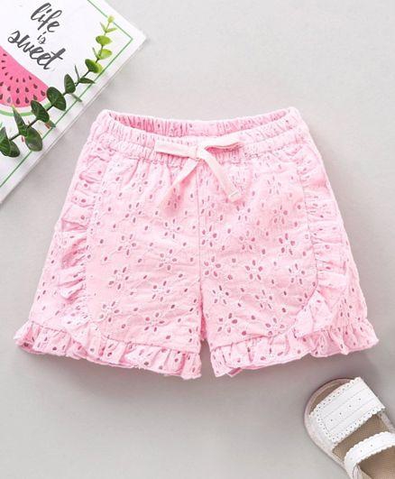Babyhug Cotton Shorts With Schiffli Embroidery - Pink