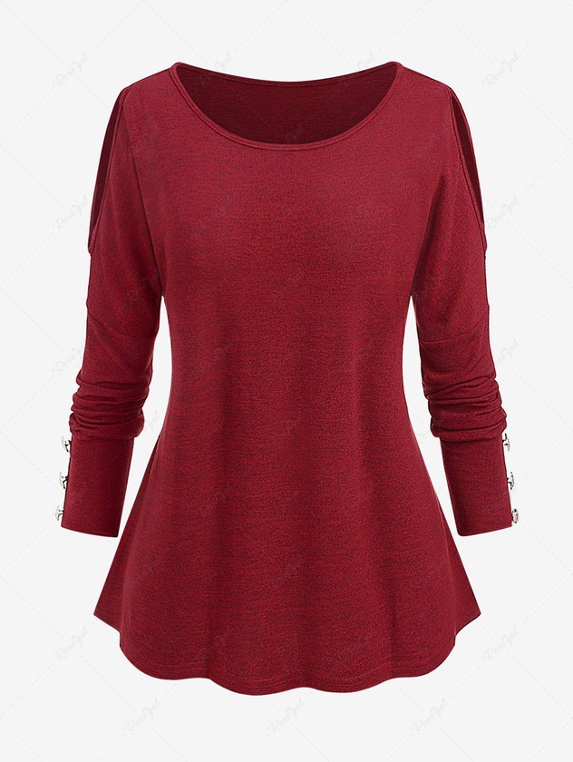 Plus Size Cold Shoulder Buttons Long Sleeves T-shirt - Xl