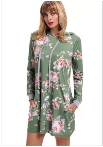 Emfed Green Floral Print Drawstring Hoodie Dress