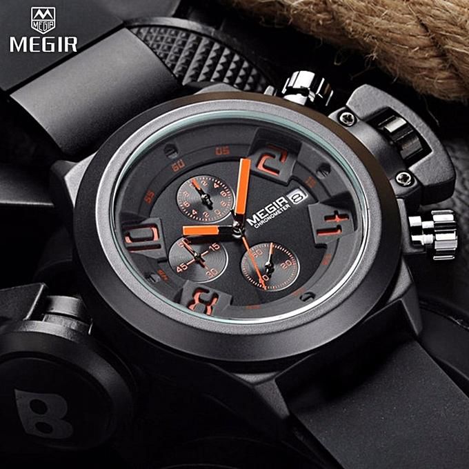 MEGIR MEGIR Men's Casual Quartz Watch 3D Engraved Dial Black Silicone Watches Men Waterproof Military Sport Watch For Man 2002