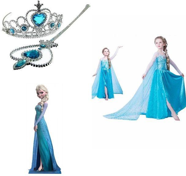 3 Pieces Elsa Anna Blue Dress Frozen Costume With Light Blue Crown And Wand 9-10 Years