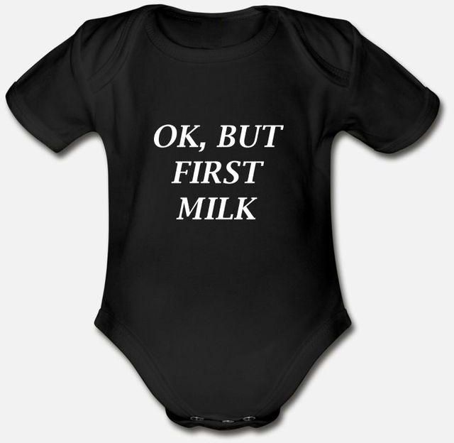 Ok But First Milk Organic Short Sleeve Baby Bodysuit