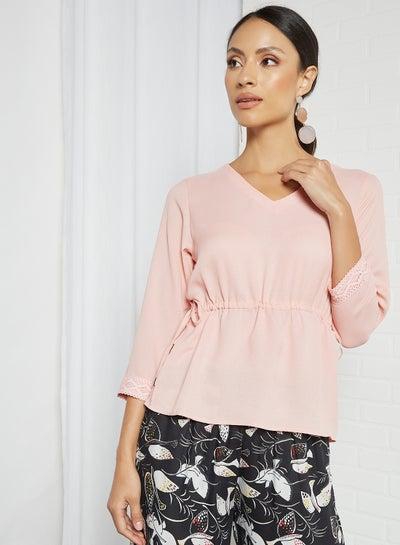Casual V-Neck Plain Blouse Top Pink