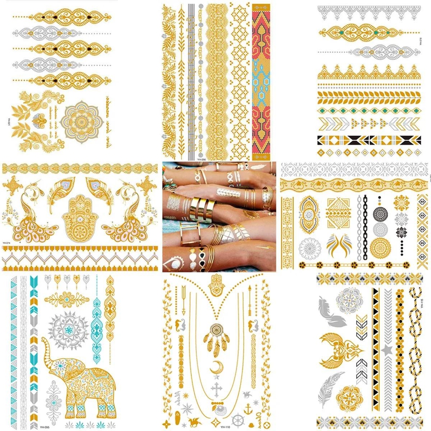 Metallic Gold Silver Temporary Tattoos for Women Girls Teens Kids- Realistic Tattoo Flash Sets- Tribal Collection waterproof Temporary Tattoo Stickers (Coachella)