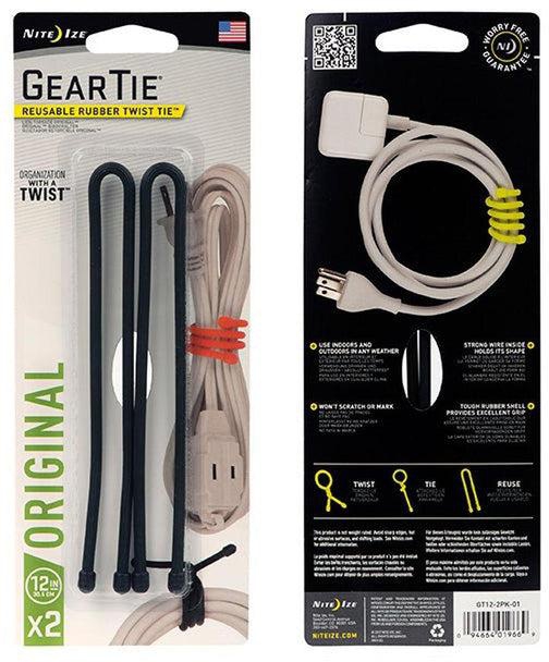 NITE IZE Gear Tie Reusable Rubber Twist Tie 12" - 2 Pack Black