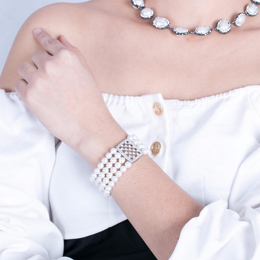 Angie Jewels & Co. Barrel Platinum Swarovski Crystal Pearl Bracelet