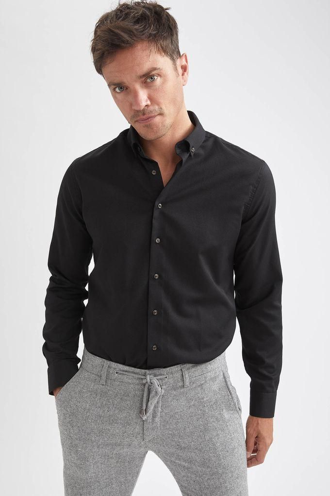 Defacto Man Black Woven Top Long Sleeve Shirt