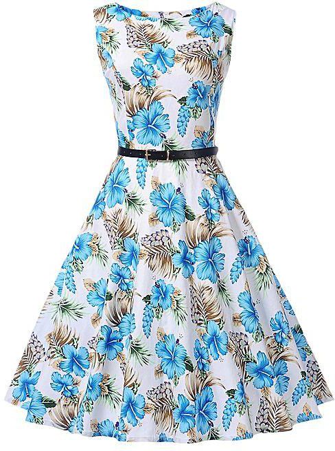 Fashion Vintage Boat Neck Sleeveless Floral Print Zipper Belted Women A-line Dress - LIGHT BLUE