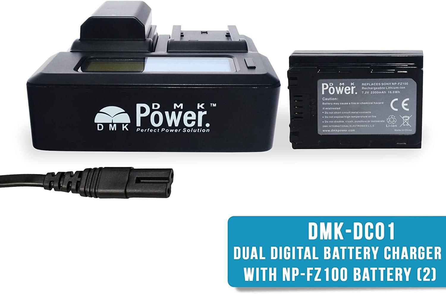 NP-FZ100 DMK Power Replacement Battery and LCD Dual Digital AC/DC Charger fits for Sony a7R IV Alpha A7 III A7R III A9 Alpha 9 A7R3 (2-Pack, Versatile Charging Option 2300mAh)