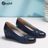 Round Toe Mix Shiny And Matte Leather Wedge - Navy Blue