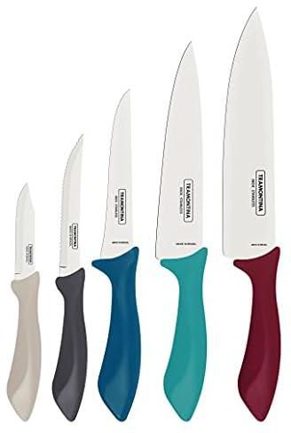 مجموعة سكاكين ترامونتينا مكونة من 5 قطع، نصل من الستانلس ستيل والبوليبروبيلين الملون، سكين مطبخ سهل الامساك