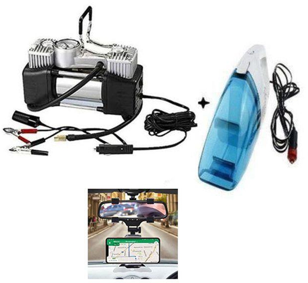 Car Air Compressor - 2 Cylinder + Car Vacuum Cleaner + Car Mobile Phone Holder