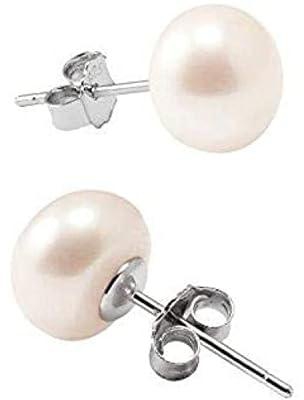 925 Sterling Silver AAA Freshwater Cultured Pearl White Button Stud Earrings for Women