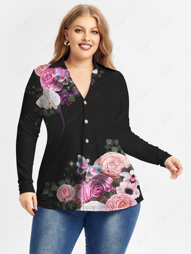 Plus Size Butterfly Flower Printed Long Sleeves Shirt - 5x | Us 30-32