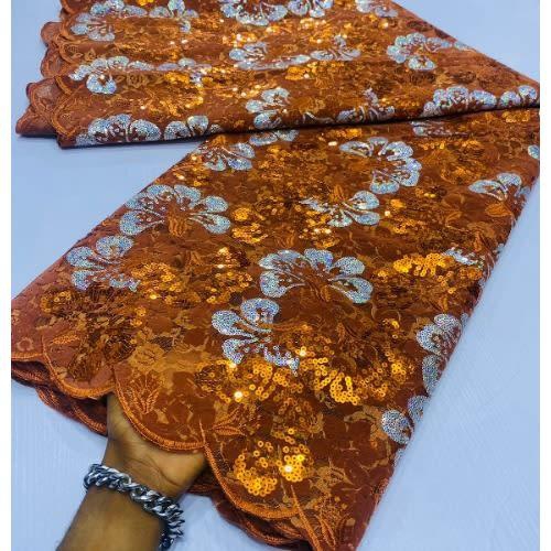 Sequence Shiny African Lace Fabric - Brown