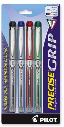 Pilot Precise Grip Liquid Ink Rolling Ball Pens, Extra Fine Point, 4-Pack, Black/Blue/Red/Green Inks (28844)