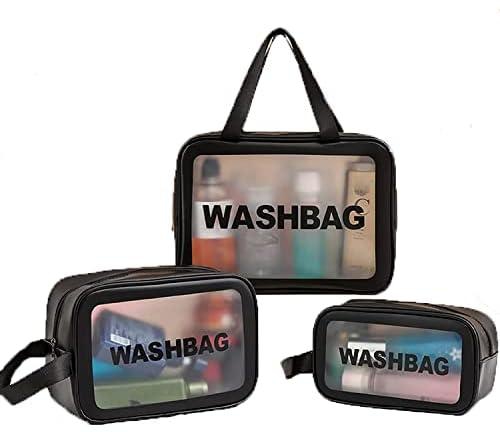 MIXDE Clear Toiletry Bag Set for Women Men, Translucent Waterproof Travel Makeup Bag with Handle, Large Capacity Sturdy & Leak Resistant Cosmetic Bag Pouch for Traveling,3PACK (BLACK)