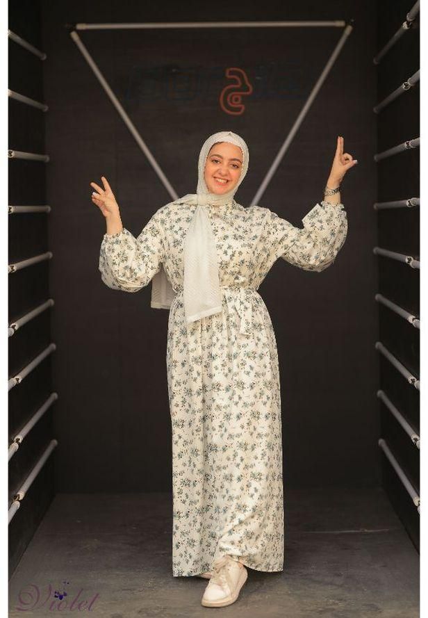فستان طويل مشجر ورود - فيروزي&أوف وايت