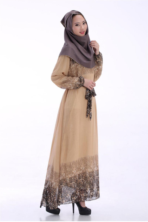 Kaftan Abaya Jilbab Islamic Muslim Bow Women Long Sleeve Fashion Maxi Dress Brown COLOR