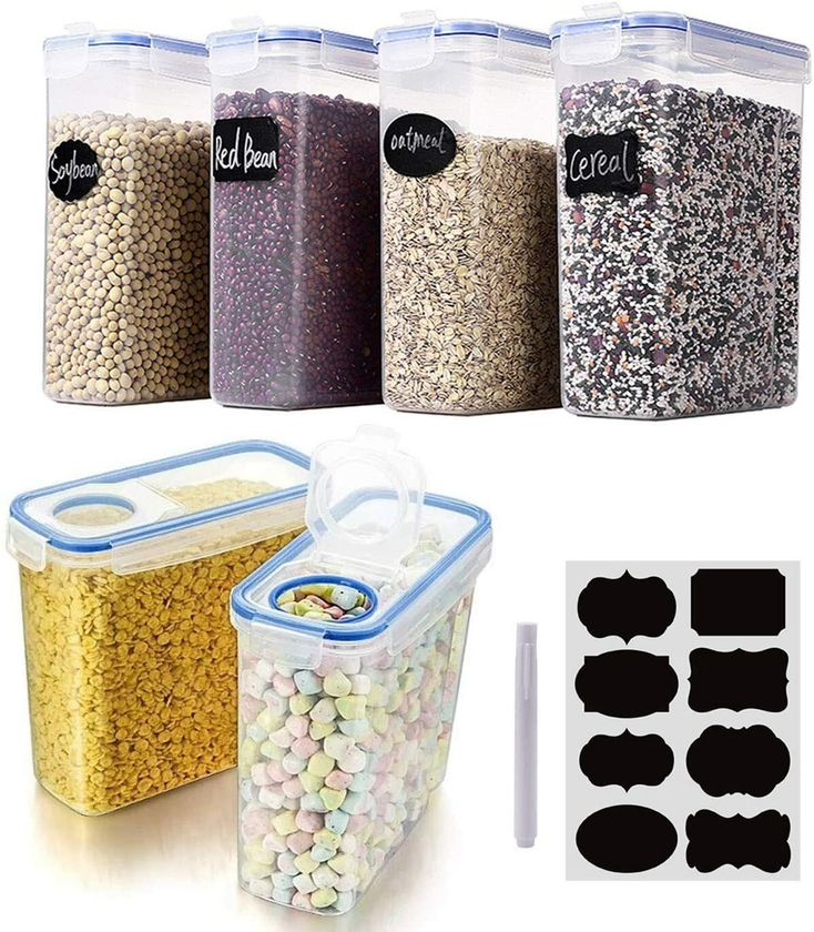 Cereal &amp; Dry Food Storage Containers, Airtight Plastic Kitchen Storage Organizer, Set of 6 , 2.5L for Sugar, Flour, Snack, Baking Supplies, Stackable Boxes with Locking Lids with marker and stickers
