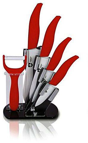 Royalty Line Ceramic Knife Set with Acrylic Stand & Peeler - Red - 5 Pcs